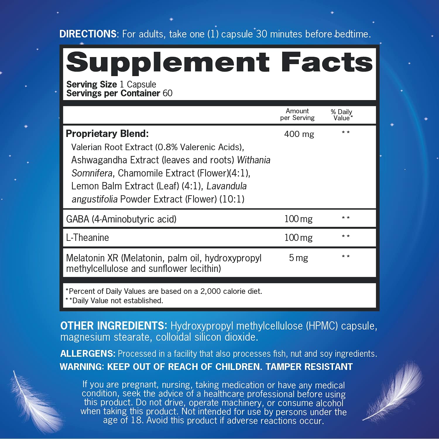 Supplement facts & ingredients image: Qunol Sleep Support Complex melatonin herbal blend supplement facts 30 count
