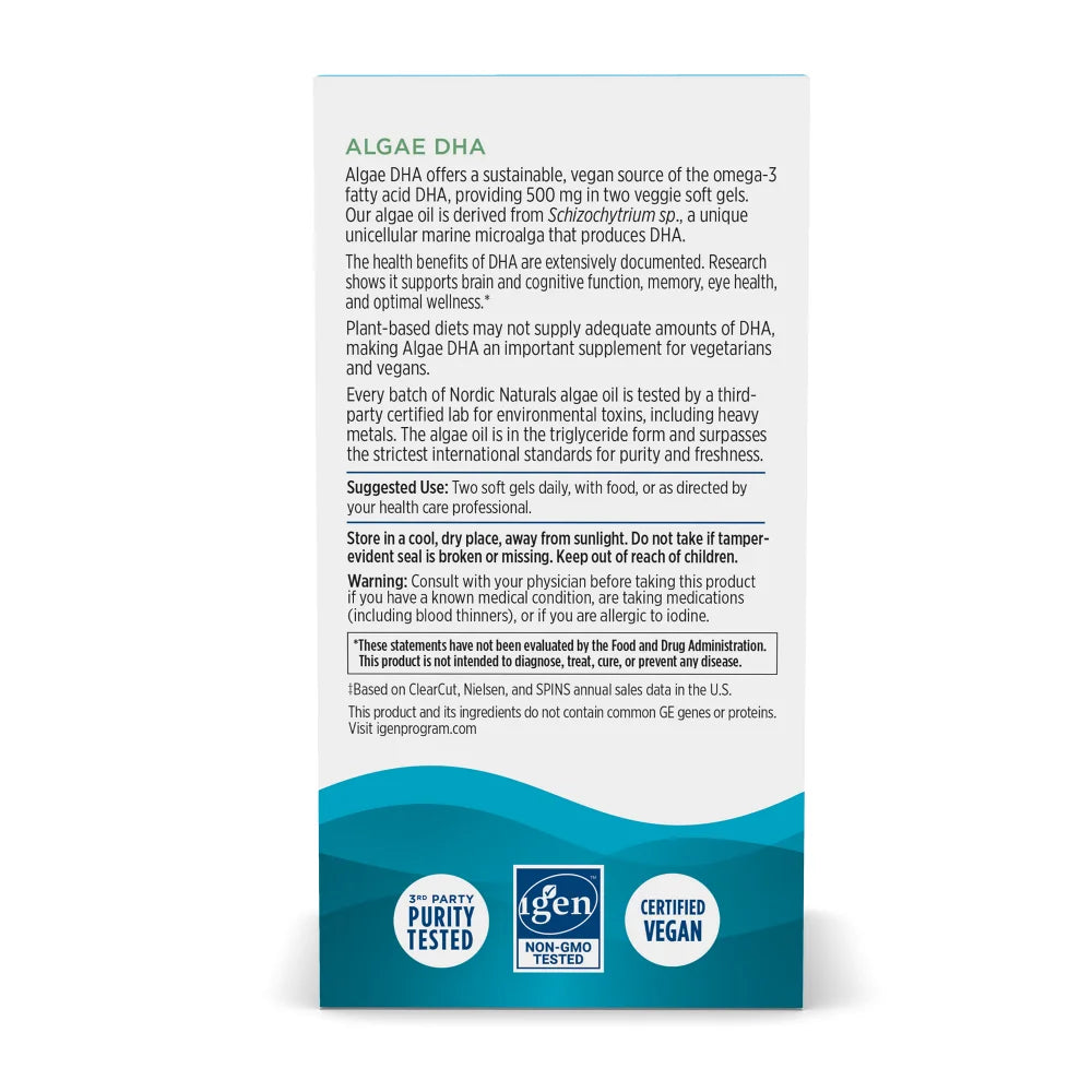 Supplement facts and dosage info for Nordic Naturals vegan Algae Omega 500mg.