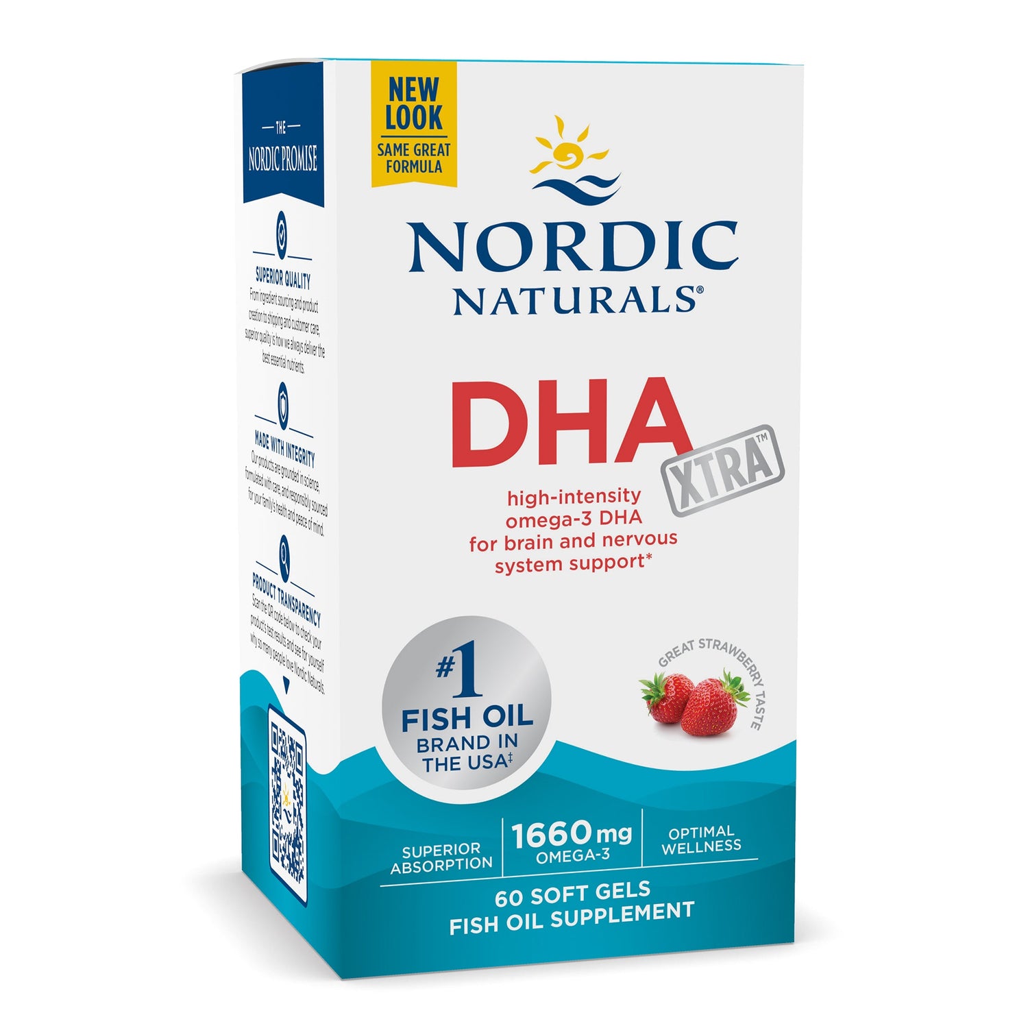 Nordic Naturals DHA Xtra Omega-3 Fish Oil box with strawberry-flavoured softgels, 60 count.