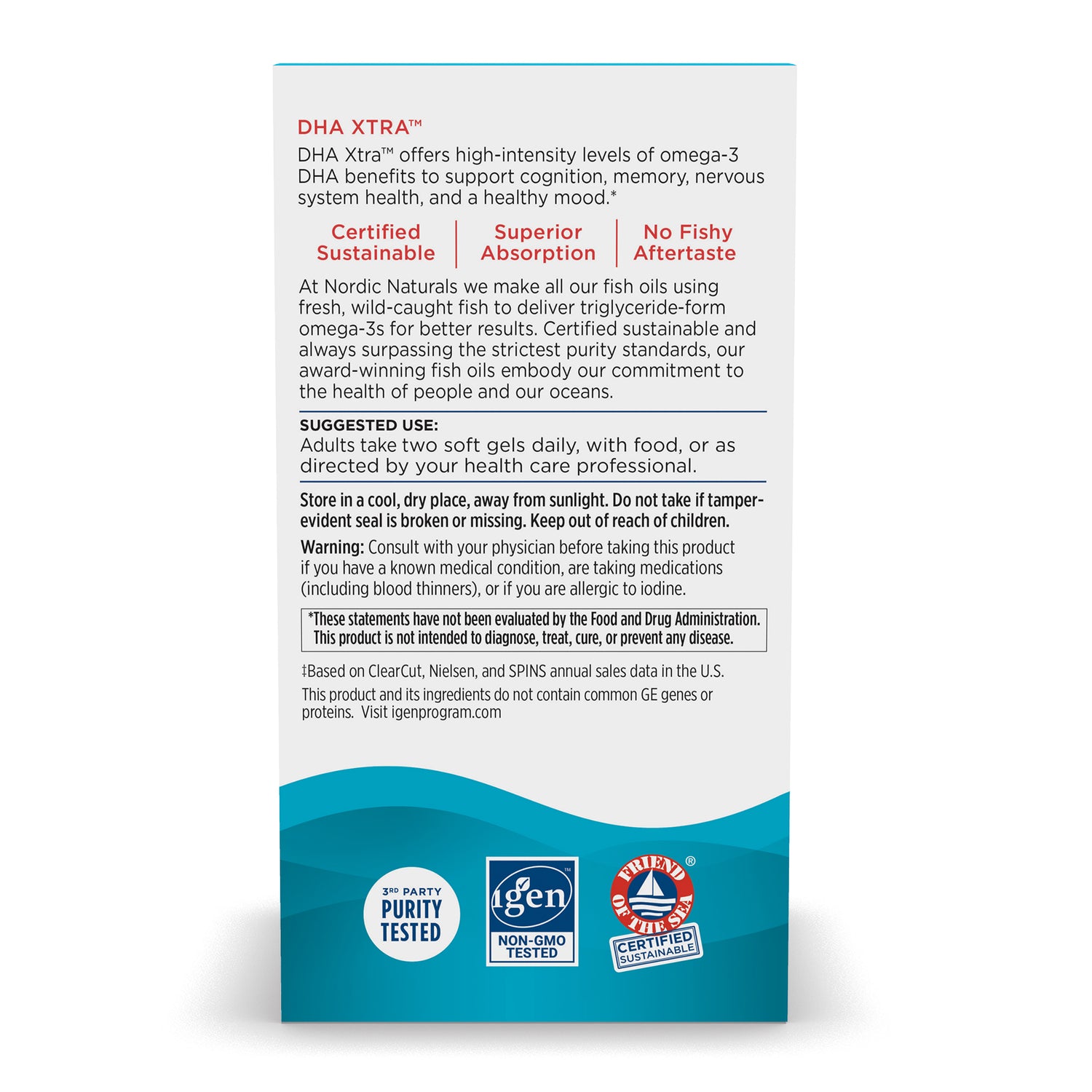 Supplement facts label and details for Nordic Naturals DHA Xtra high-potency fish oil supplement.