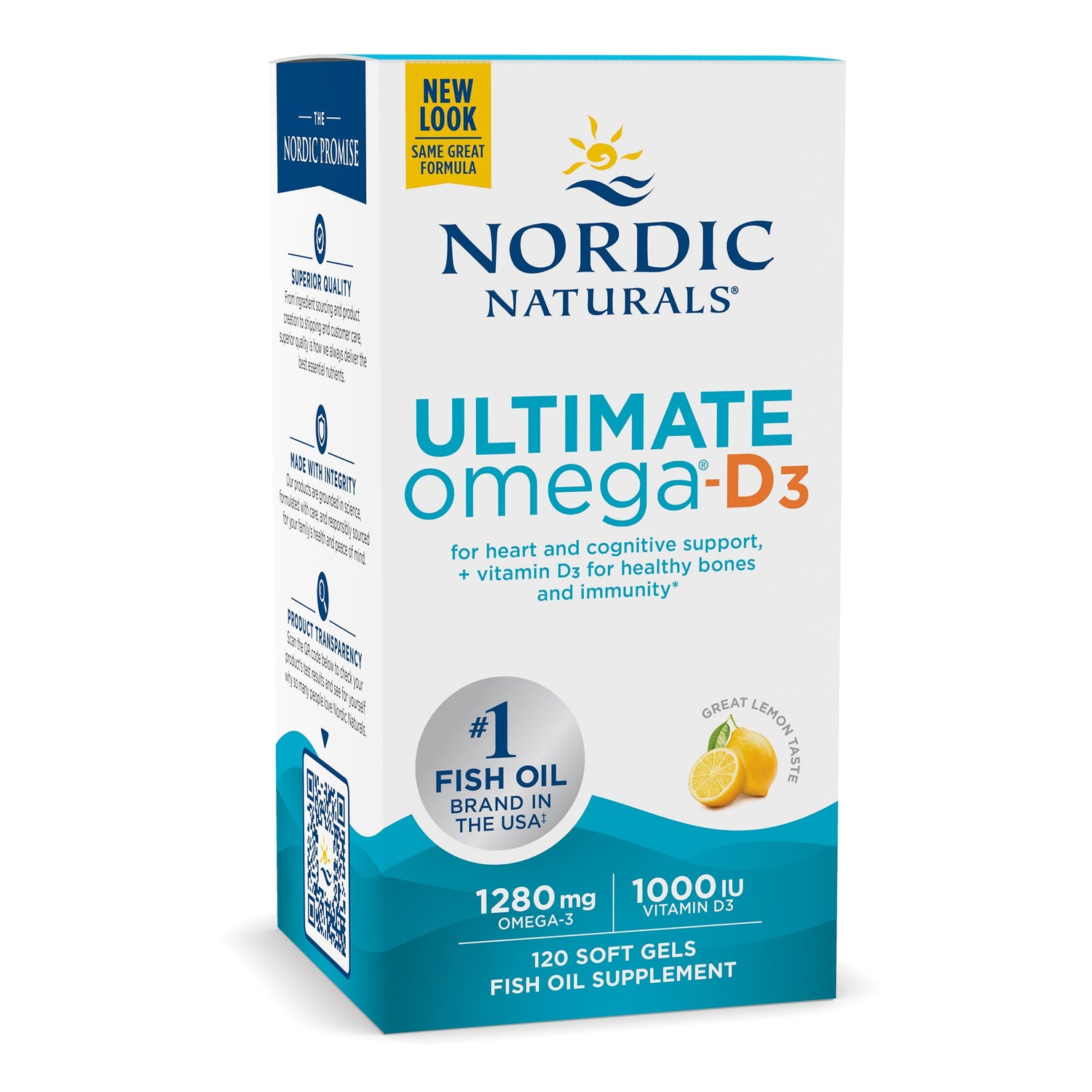 Nordic Naturals Ultimate Omega-D3 lemon flavor 120 soft gel box supplement.