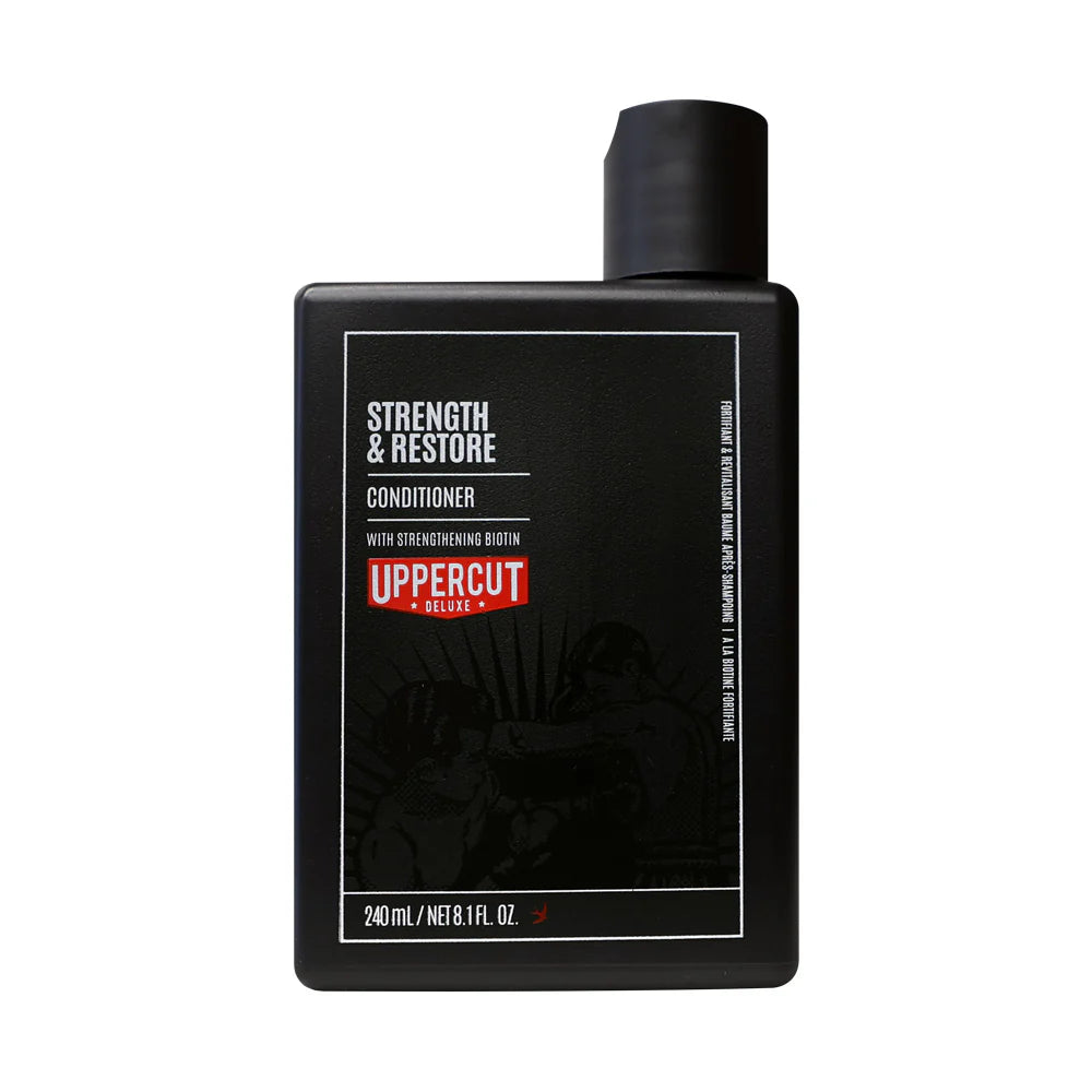 Front image: Uppercut Deluxe Strength and Restore Conditioner 240ml bottle mandarin patchouli fragrance packaging