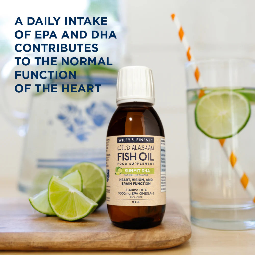 Wiley's Finest Summit DHA omega-3 liquid supplement spoon use natural lime flavour 125ml