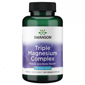 Front: Bottle of Swanson Triple Magnesium Complex 400 mg, 100 vegan capsules.