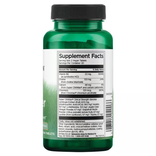 Swanson Fat Burner 60 Vegan Tablets Supplement Facts panel and product barcode on bottle label