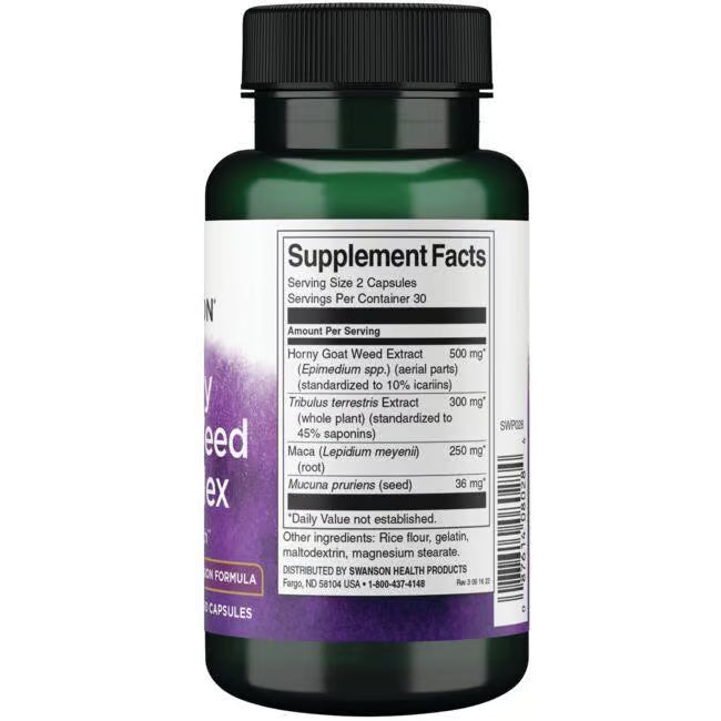 Label showing supplement facts and ingredients for Swanson Horny Goat Weed Complex 60 Capsules