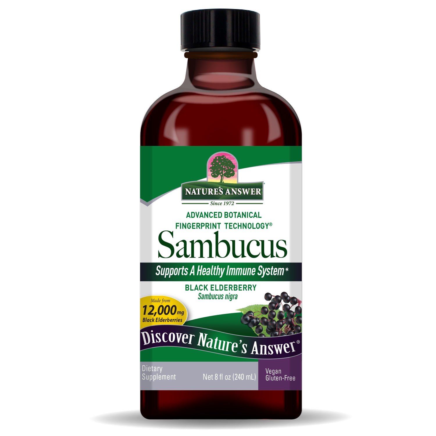Nature’s Answer Sambucus elderberry extract syrup alcohol free 240ml bottle front view on a white background