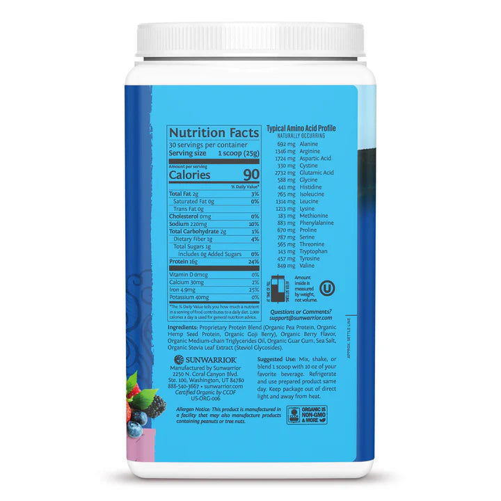 Back of Sunwarrior berry protein powder showing certifications.