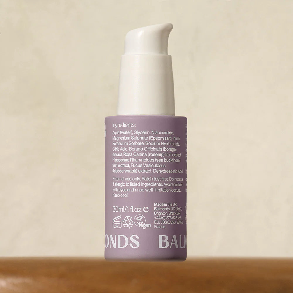 Supplement facts & ingredients image: Balmonds Super 7 Serum 30ml ingredients niacinamide borage rosehip sea buckthorn extracts