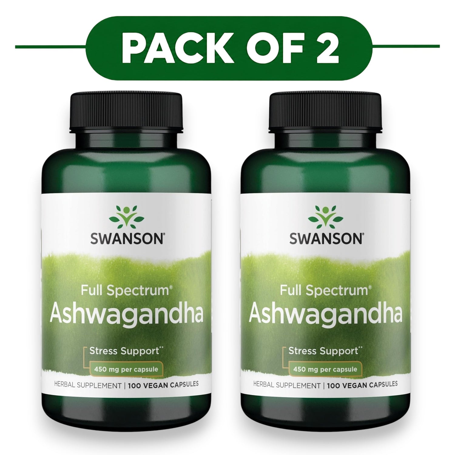 Swanson Full Spectrum Ashwagandha 450mg 100 Vegan Capsules Pack of 2