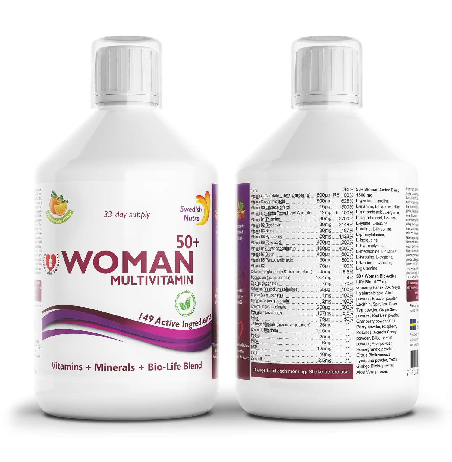 Two bottles of Woman Multivitamin 50+ on a white background