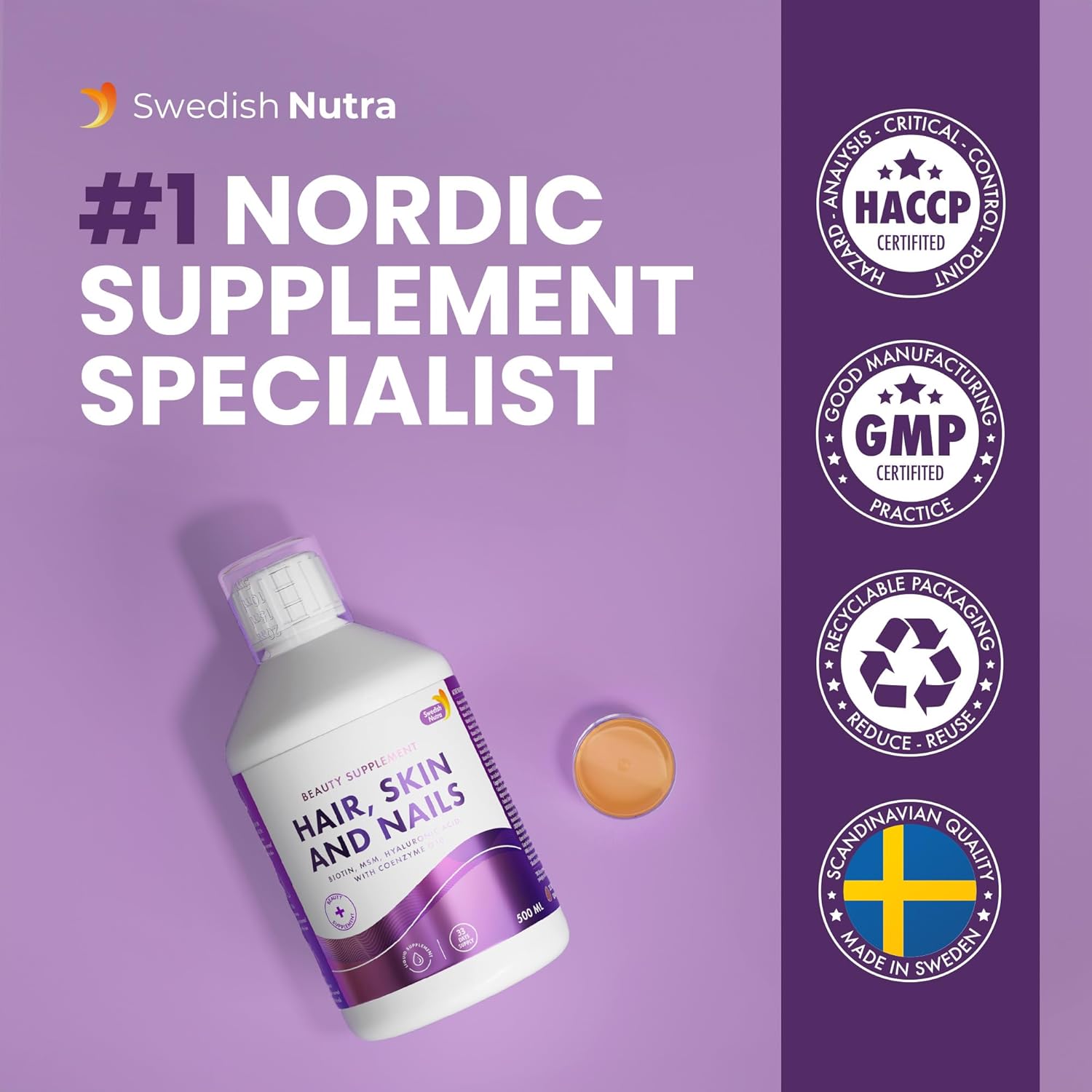 Swedish Nutra Hair Skin and Nails liquid collagen orange flavour 500ml bottle