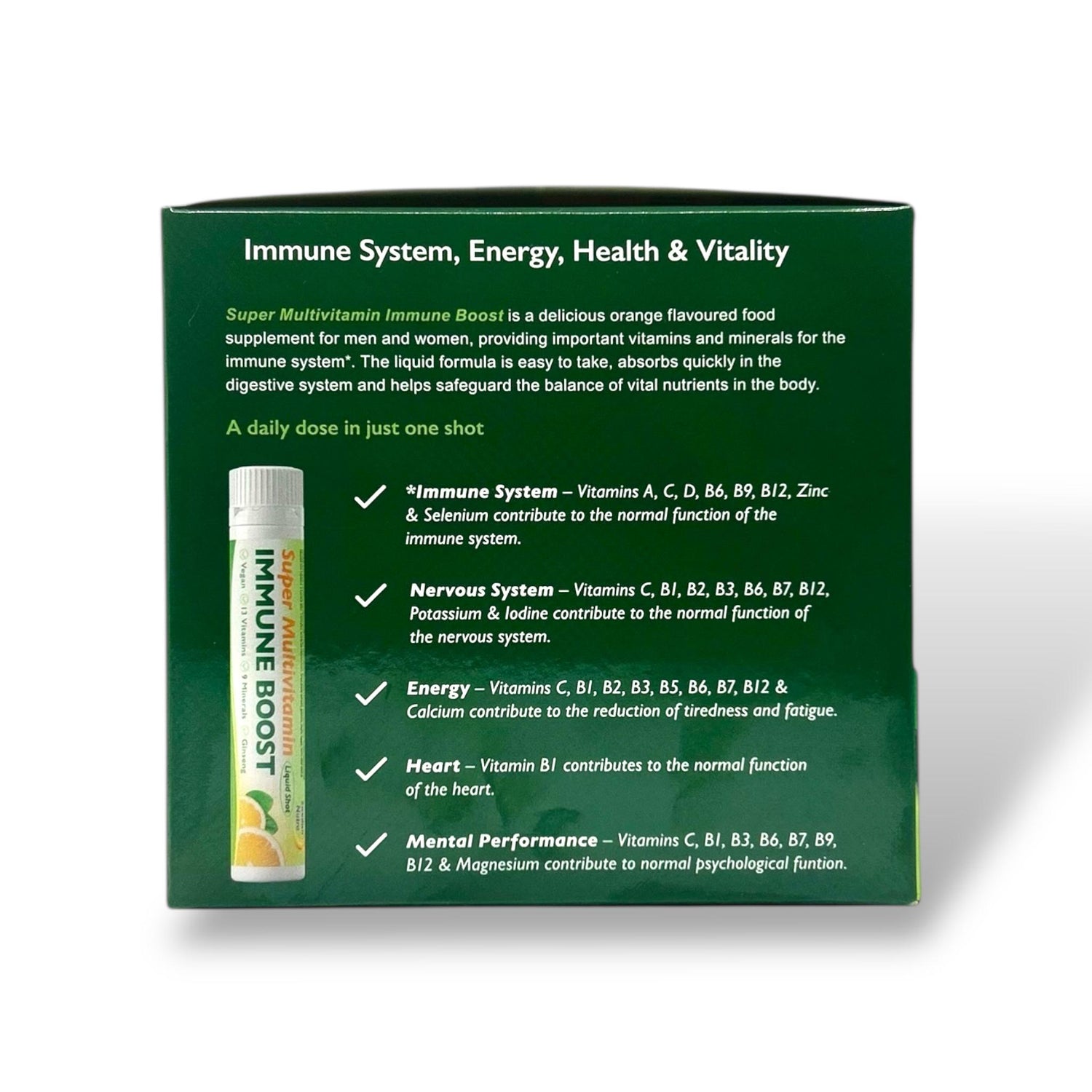 Supplement facts & ingredients image: Swedish Nutra Super Multivitamin supplement facts ingredients liquid shots orange 30 x 25ml