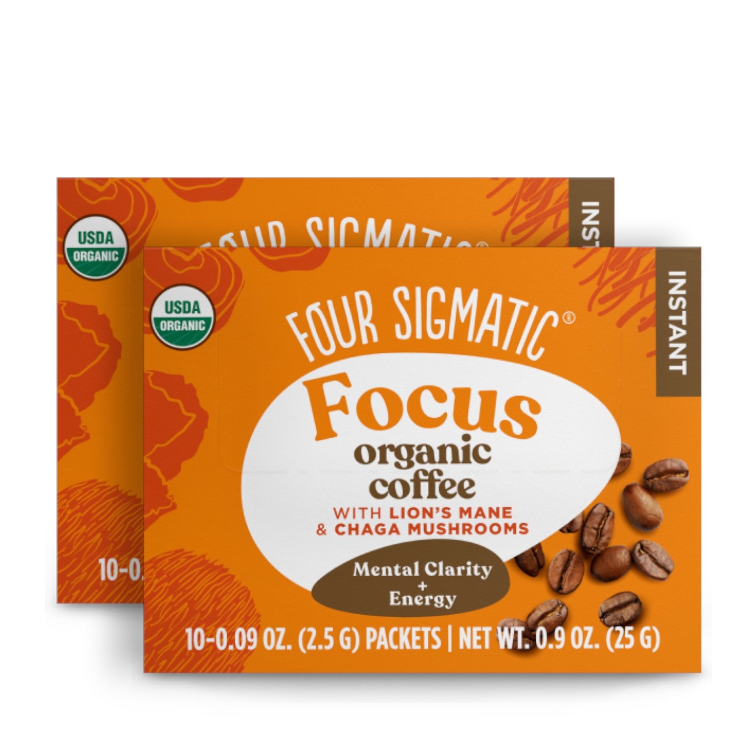 Four Sigmatic Organic Instant Coffee 10 packets, 2 boxes front packaging on white background