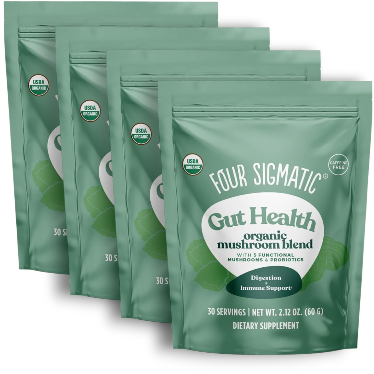 Four Sigmatic Organic Mushroom Blend Powder 4 pouches front packaging on white background