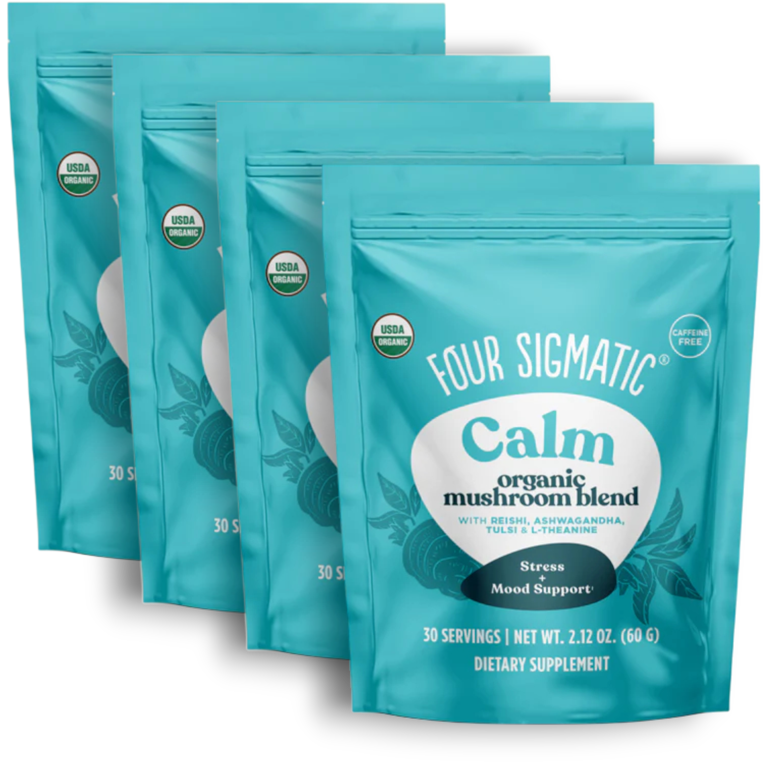 Four Sigmatic Organic Multi Mushroom & Herb Powder 4 pouches front packaging on white background