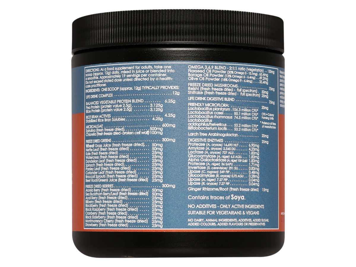 Supplement facts & ingredients image: Terranova Life Drink powder supplement facts ingredients vegan 227g