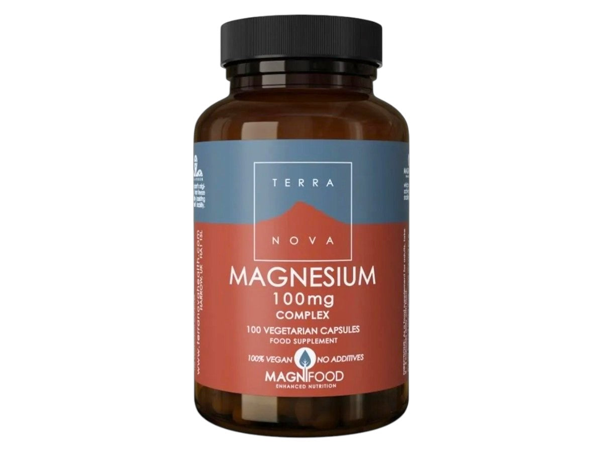 Front image: Terranova Magnesium 100mg Complex capsules bottle vegan 100 count