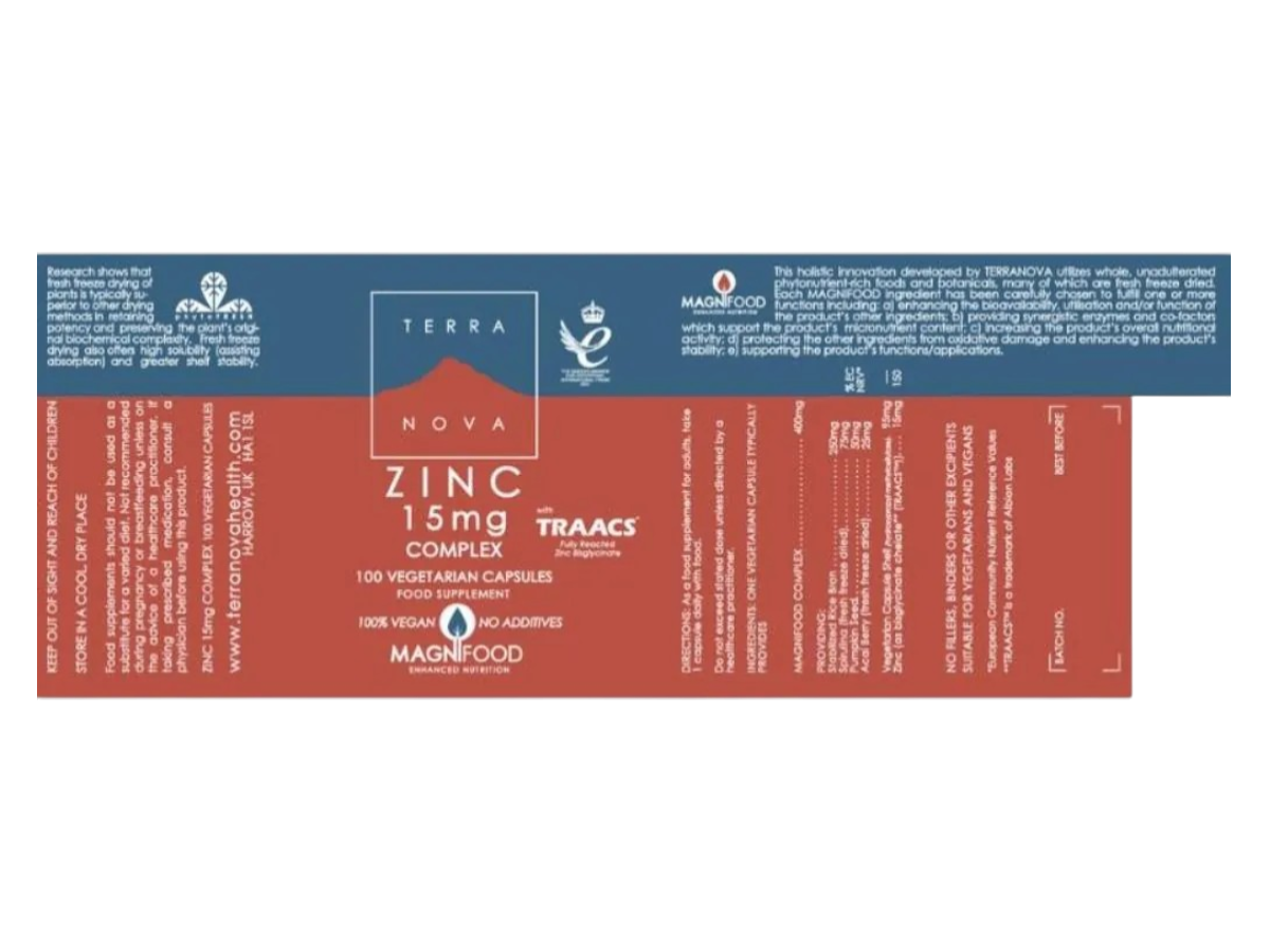 Supplement facts & ingredients image: Terranova Zinc 15mg Complex supplement facts ingredients vegan capsules 100 count