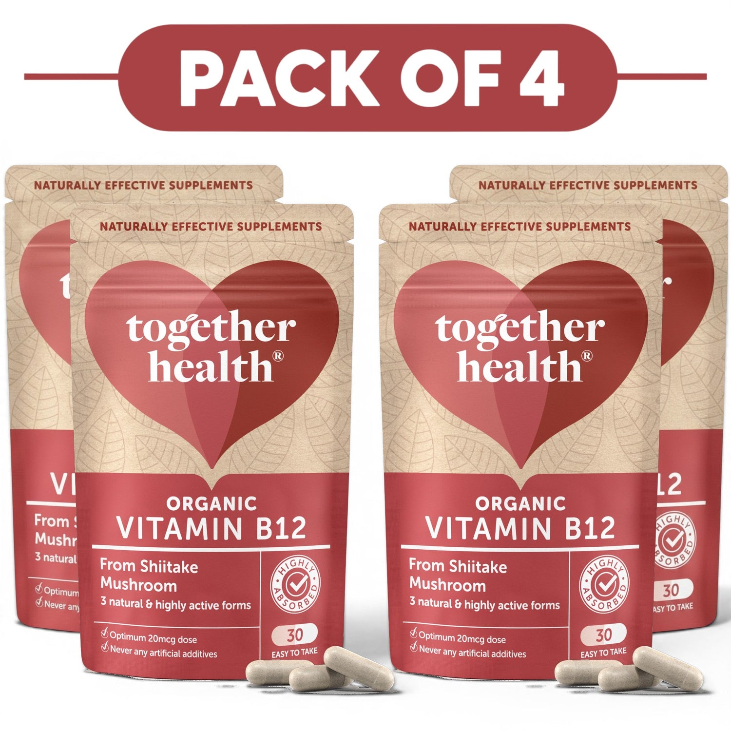 Together Health Organic Vitamin B12 20mcg from Mushroom 30 Capsules Pack of 4