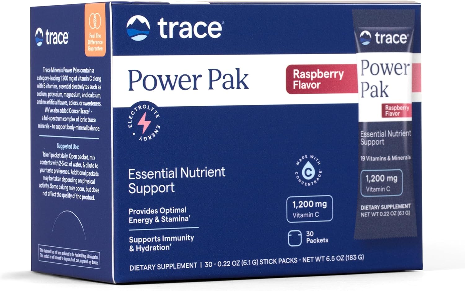 Front Image: Trace Minerals Power Pak raspberry powder packets box 30 count