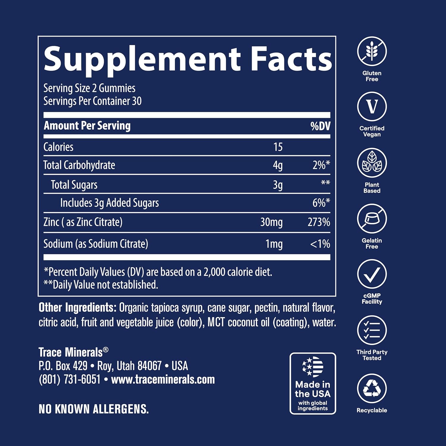 Supplement Facts Image: Trace Minerals zinc gummies supplement facts ingredients elderberry bottle 60 count