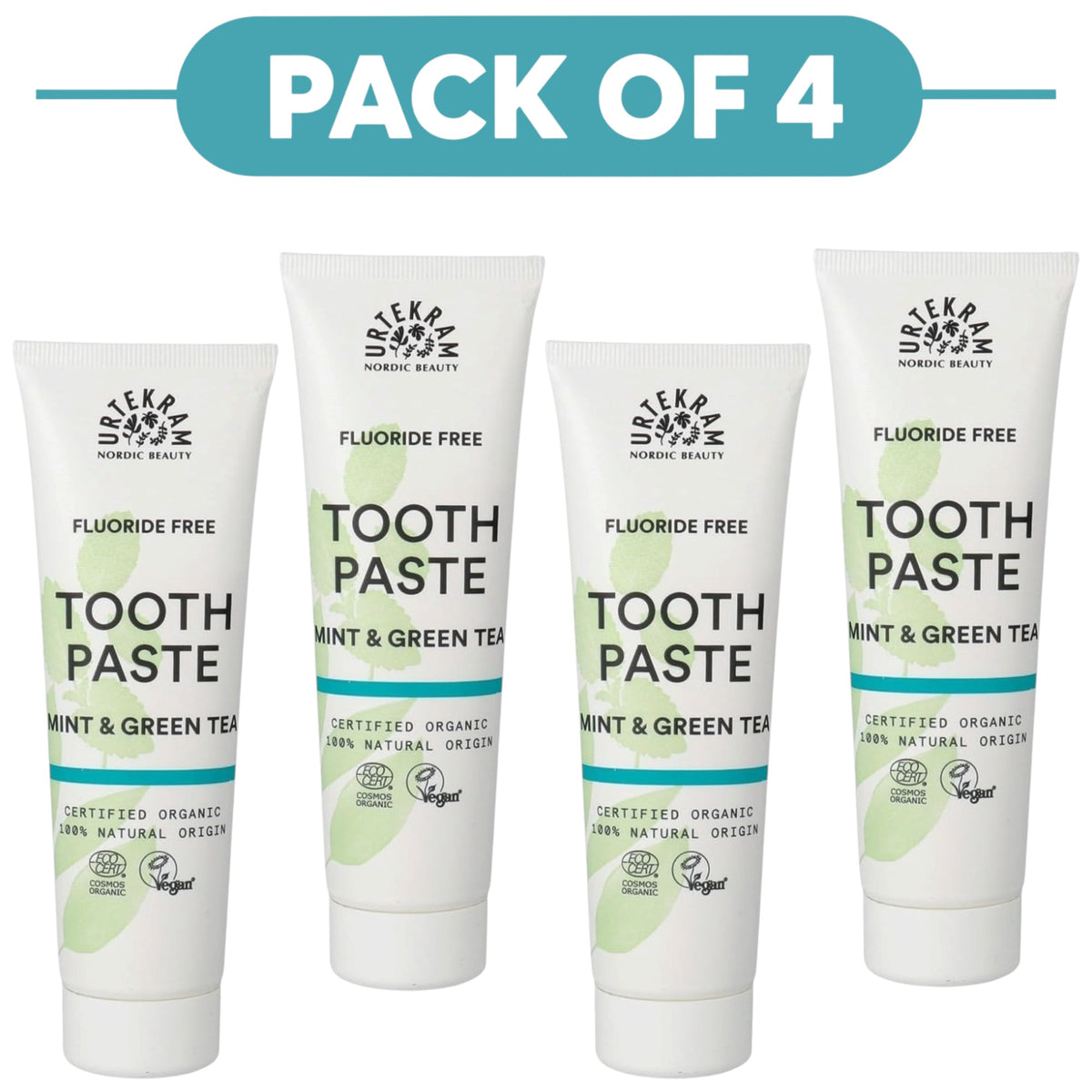 Urtekram Fluoride Free Mint & Green Tea Toothpaste 75ml Pack of 4