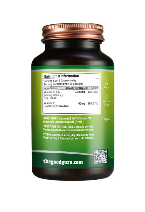 Supplement facts label for The Good Guru Vegan D3 + K2, showing 4000IU D3 and MK-7, 90 count.