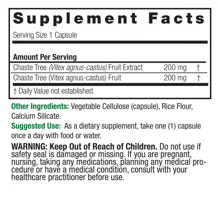 Nature’s Answer Chasteberry Vitex supplement facts 400mg 90 vegetarian capsules back label