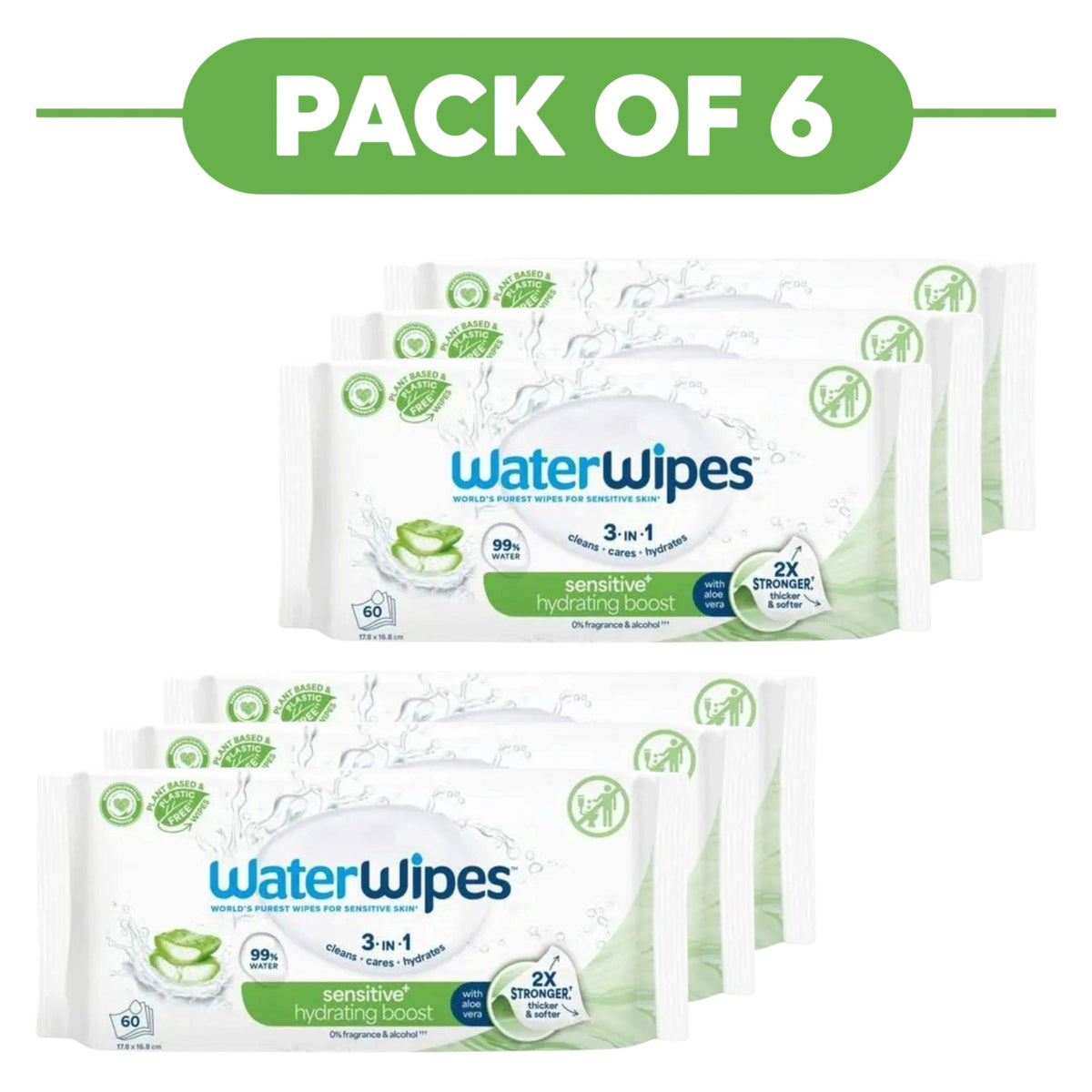 WaterWipes Sensitive+ Hydrating Boost Aloe Vera Wipes 60 Count Pack of 6