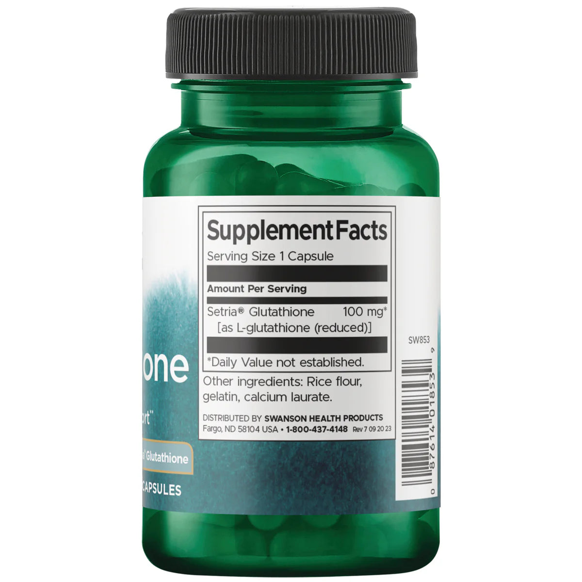 Swanson L-Glutathione Featuring Setria 100mg 100 Capsules Supplement Facts panel and product barcode on bottle label