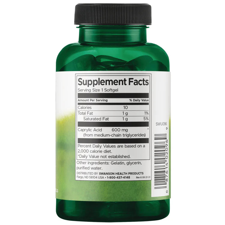 Swanson Caprylic Acid 600mg 60 Softgels supplement facts ingredients & barcode panel