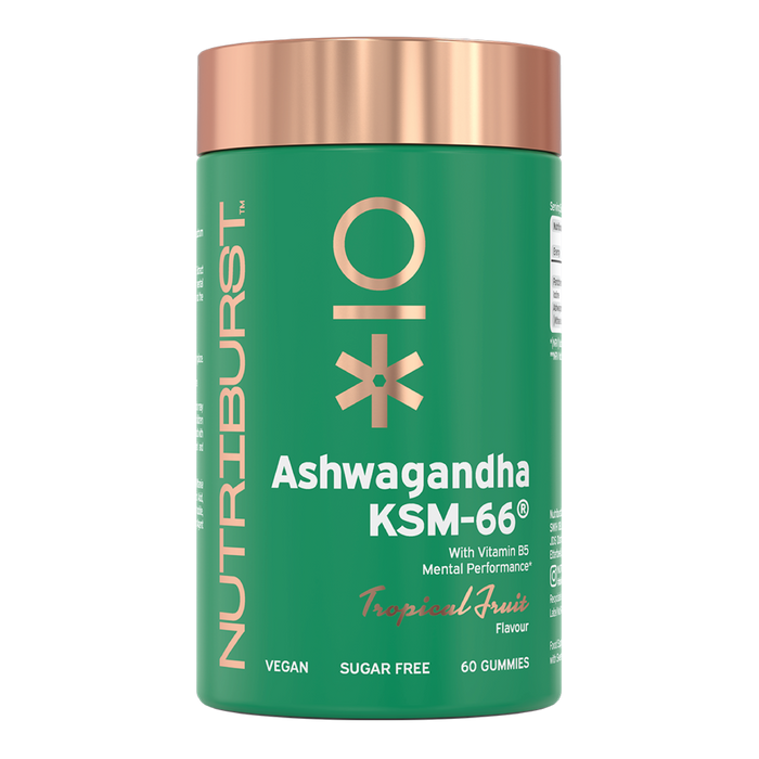 Nutriburst Ashwagandha KSM-66 Gummies bottle, tropical flavour, 60 count.