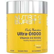 A yellow and silver jar of Nutri Burst Ultra-D1000 Vitamin D3 10000IU gummies, lemon flavor, on a white background.