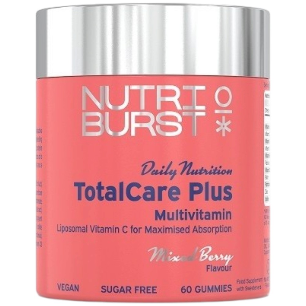 A bottle of Nutri Burst TotalCare Plus Multivitamin in Mixed Berry Flavour, featuring a coral pink label and a metallic silver cap on a white background.