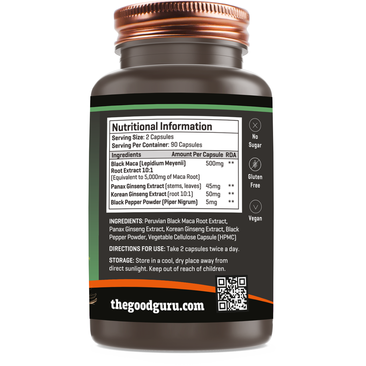 Supplement facts label for The Good Guru Black Maca and Dual Ginseng blend, 90 count.