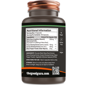 Supplement facts label for The Good Guru Black Maca and Dual Ginseng blend, 90 count.