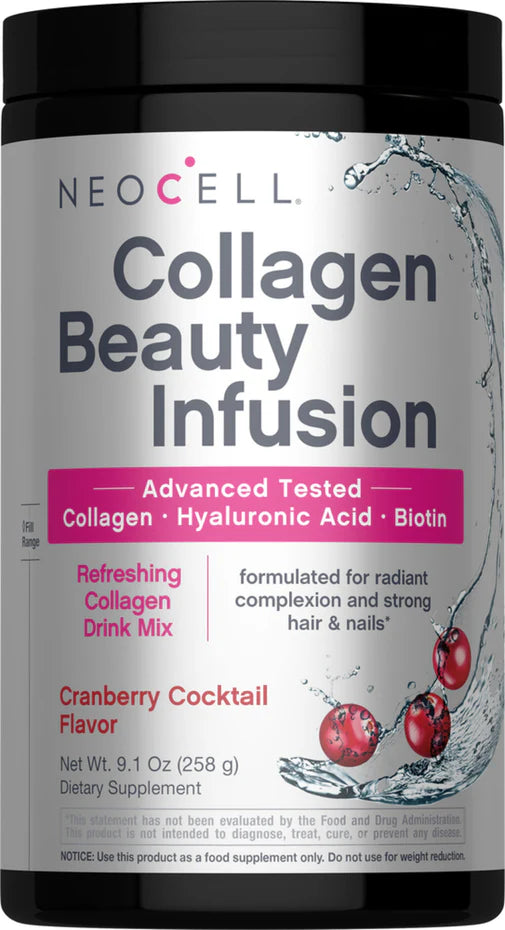 NeoCell Beauty Infusion Refreshing Collagen Drink Mix canister, cranberry flavor.