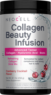 NeoCell Beauty Infusion Refreshing Collagen Drink Mix canister, cranberry flavor.