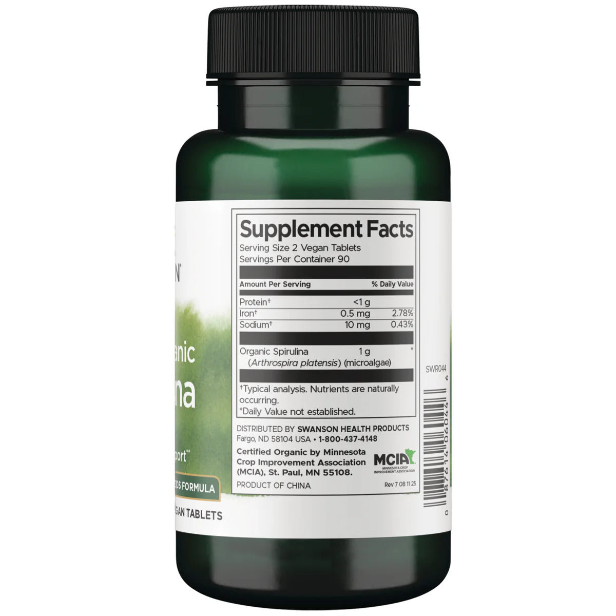 Swanson 100% Organic Spirulina 180 Vegan Tablets Pack of 2 supplement facts label