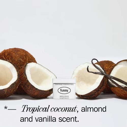 Fussy Natural Deodorant Refill Coconut Milk, compostable refill packaging, coconut fragrance, 40g, ingredients information