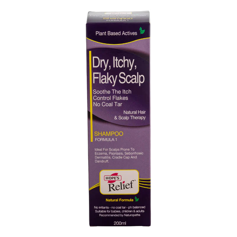 Hopes Relief shampoo box for dry, itchy, flaky scalp on a white background