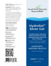 Supplement facts, ingredients & barcode image: Good Health Naturally Hydrosol Silver gel ingredients purified water silver 44ml