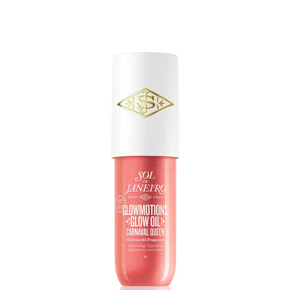 Front image: Sol de Janeiro Glowmotions glow body oil Carnaval Queen rose gold bottle Cheirosa 62 fragrance 75ml single pack