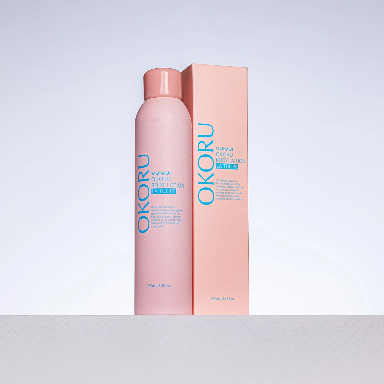 Front Image: Okoru body lotion spray La Tulipe 250ml bottle & box front packaging