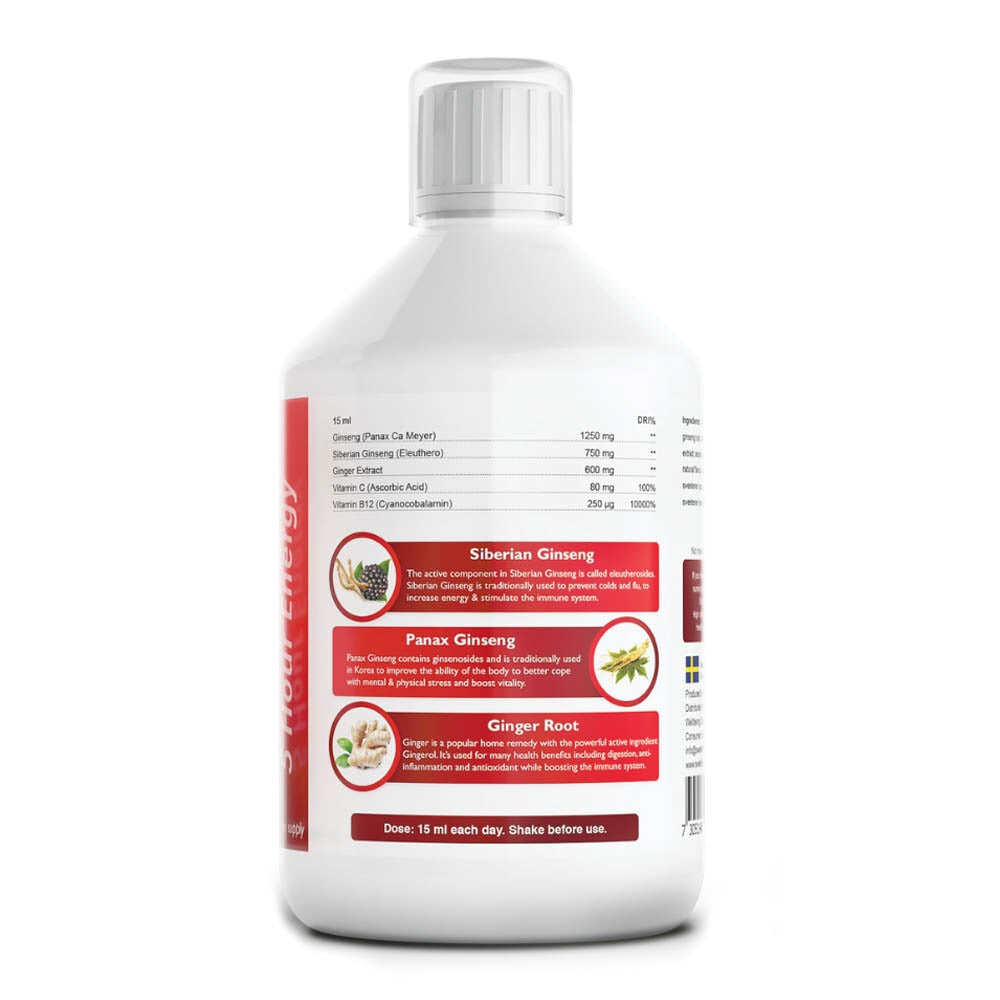 Supplement facts & ingredients image: Swedish Nutra Ginseng Energy supplement facts ingredients liquid 500ml