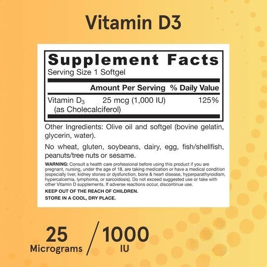 Supplement Facts Image: Jarrow Formulas Vitamin D3 25mcg 1000 IU supplement facts ingredients softgels 200 count