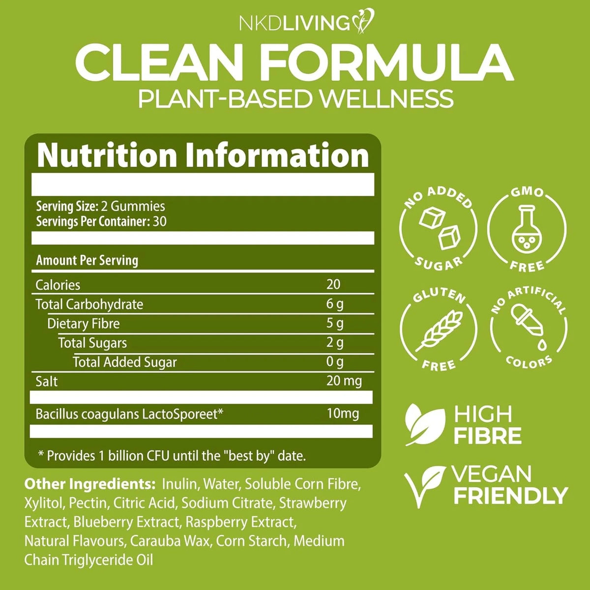 NKD Living Inulin Fibre Gummies Mixed Berry resealable pouch 60 gummies supplement facts and ingredients