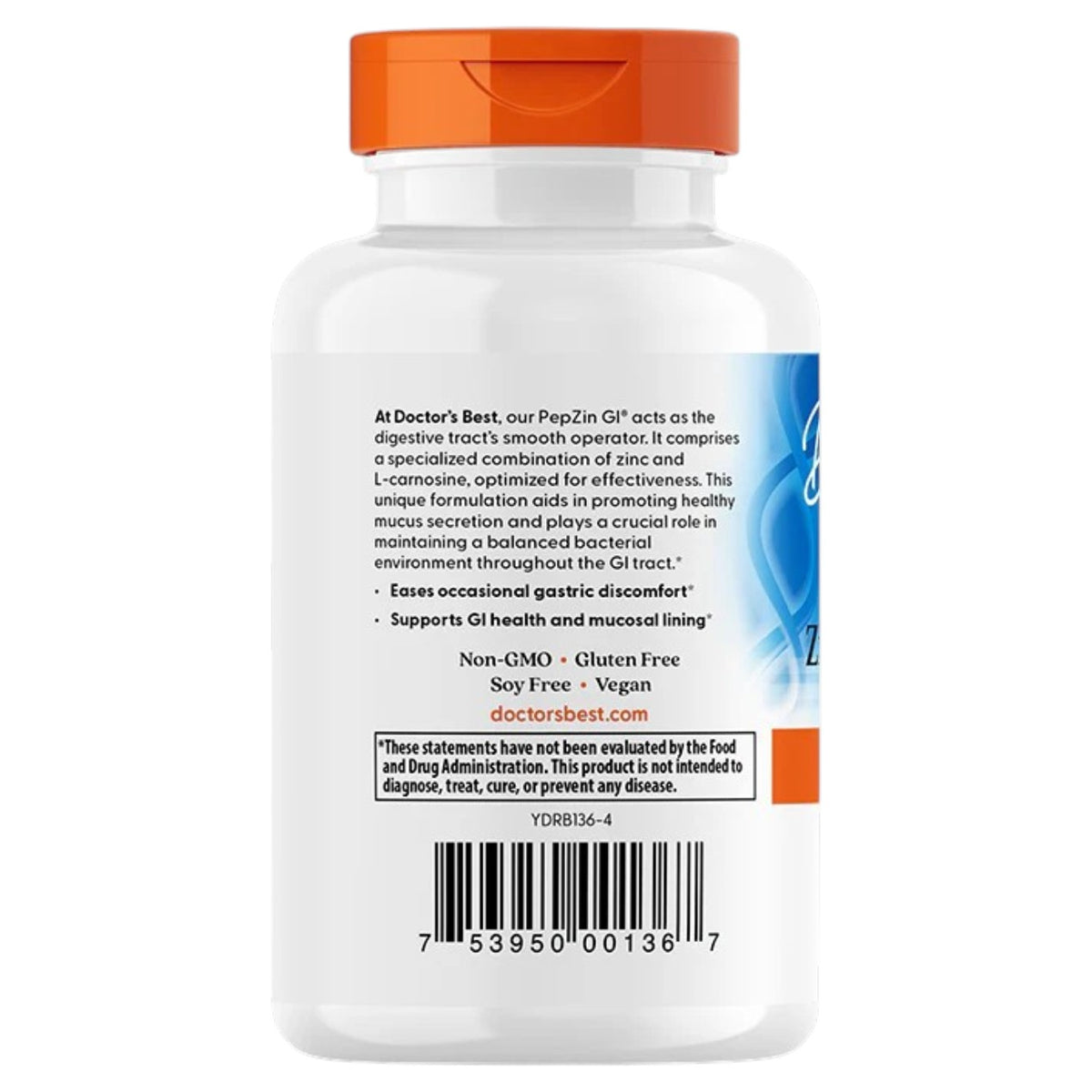 Doctor's Best PepZinGI Zinc-L-Carnosine Complex, bottle packaging, no flavour, 120 veggie capsules, barcode