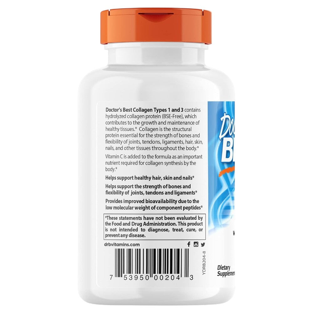 Doctor's Best Collagen Types 1 & 3 with Vitamin C, bottle packaging, unflavoured, 3000mg, 180 tablets, barcode